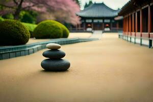 a stone stack sits on the ground in front of a building. AI-Generated photo