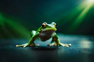 a frog is standing on a dark background. AI-Generated photo