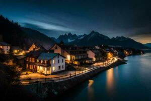 un pueblo y lago a noche en el montañas. generado por ai foto