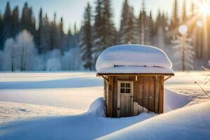 un pequeño anexo se sienta en el medio de un Nevado campo. generado por ai foto