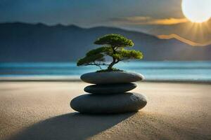 a bonsai tree sits on top of rocks in the sand. AI-Generated photo