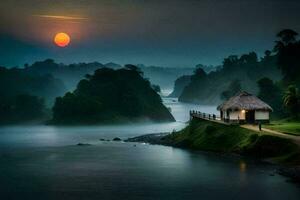 a hut sits on the edge of a river with a beautiful sunset. AI-Generated photo