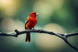 a red bird sitting on a branch. AI-Generated photo