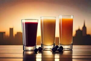 three glasses of juice with a city skyline in the background. AI-Generated photo