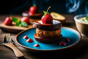 a dessert with strawberries and chocolate on a blue plate. AI-Generated photo
