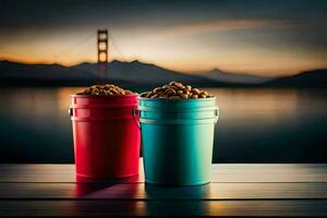 two buckets of peanuts on a wooden table in front of the golden gate bridge. AI-Generated photo