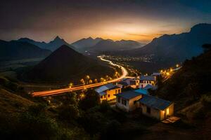 un pueblo en el montañas a oscuridad. generado por ai foto