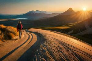 a person walking on a path in the mountains. AI-Generated photo