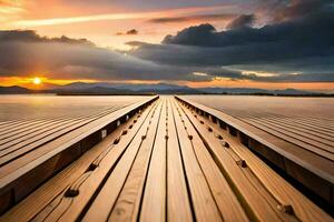 a wooden dock leading to the ocean at sunset. AI-Generated photo