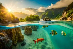 foto fondo de pantalla mar, pez, montañas, agua, el sol, el mar, el cielo,. generado por ai
