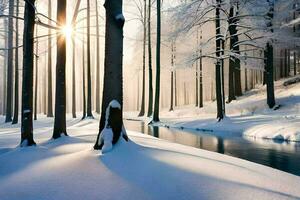 un Nevado bosque con arboles y agua. generado por ai foto