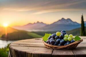 uvas en un cesta en un de madera mesa con montañas en el antecedentes. generado por ai foto