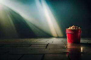 a bucket of popcorn on a dark floor. AI-Generated photo