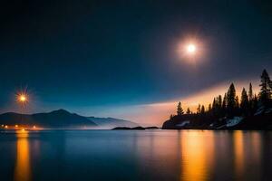 the moon is shining over a lake and trees. AI-Generated photo