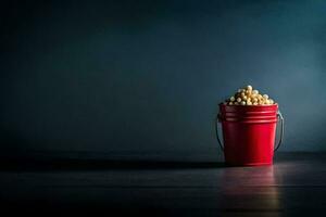 a red bucket filled with popcorn on a dark table. AI-Generated photo