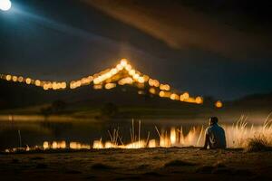 a man sitting on the shore at night with a full moon in the background. AI-Generated photo