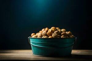nuts in a bucket on a dark background. AI-Generated photo