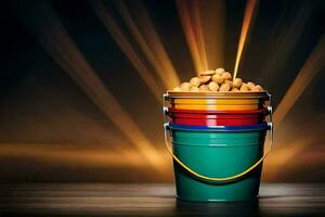 buckets of peanuts on a wooden table. AI-Generated photo