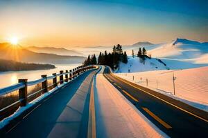 a road in the snow with the sun setting over the mountains. AI-Generated photo