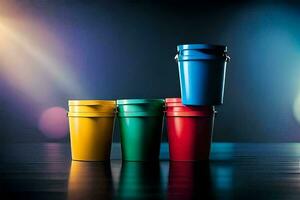 four colorful plastic buckets on a table. AI-Generated photo