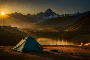 the sun rises over the mountains and the tent is lit up. AI-Generated photo