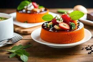 a dessert with strawberries and other vegetables on a plate. AI-Generated photo