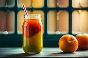 a glass jar with an orange and a straw. AI-Generated photo