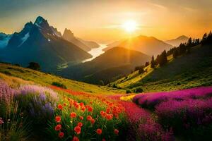 the sun rises over a field of flowers and mountains. AI-Generated photo