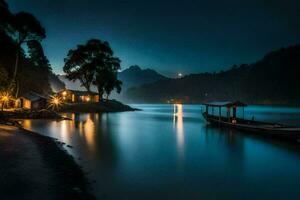 un barco se sienta en el río a noche. generado por ai foto