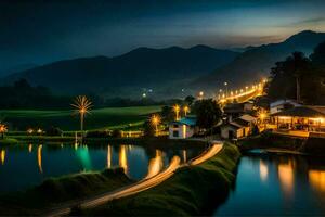 un pueblo a noche con luces en el la carretera. generado por ai foto