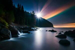 a rainbow light shines over the water and rocks. AI-Generated photo