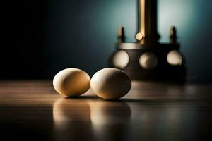 two eggs sit on a table in front of a lamp. AI-Generated photo