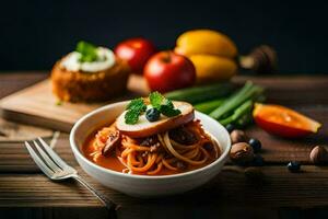 espaguetis con carne y vegetales en un de madera mesa. generado por ai foto