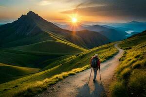 un hombre camina en un camino en el montañas. generado por ai foto