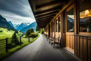 the view from the balcony of a lodge in the alps. AI-Generated photo