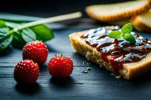 un rebanada de un pan con mermelada y fresas en un negro antecedentes. generado por ai foto