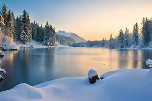 photo wallpaper the sky, snow, trees, lake, mountains, sunset, the mountains, winter. AI-Generated