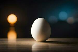 an egg on a table with a blurry background. AI-Generated photo