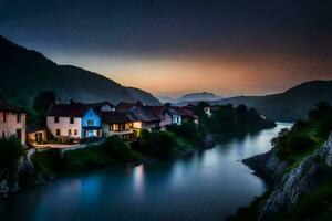 photo wallpaper the sky, river, mountains, houses, sunset, the village, slovenia. AI-Generated