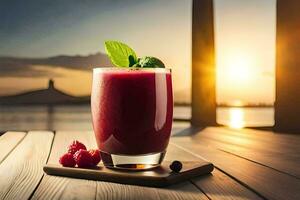 a glass of raspberry juice on a wooden table. AI-Generated photo