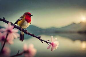 a red bird sits on a branch near a lake. AI-Generated photo