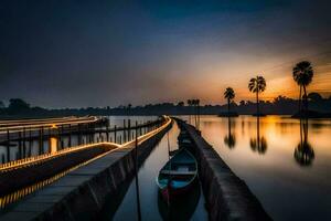 a boat is tied to a dock at sunset. AI-Generated photo