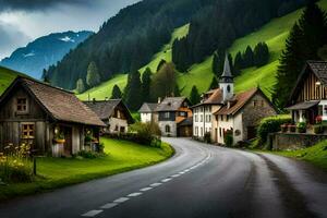 a road in the mountains with houses and trees. AI-Generated photo