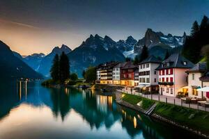 un lago y casas en el montañas a oscuridad. generado por ai foto