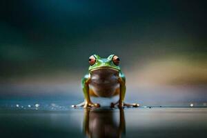 un rana sentado en el agua superficie con un oscuro antecedentes. generado por ai foto