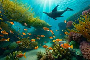 underwater scene with coral reefs and fish. AI-Generated photo