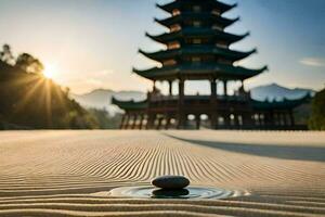 a pagoda in the sand with a rock in the middle. AI-Generated photo
