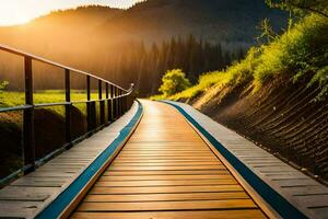 a wooden walkway in the middle of a field. AI-Generated photo