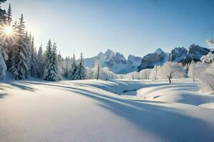 foto fondo de pantalla el cielo, nieve, árboles, montañas, sol, árboles, el sol, arboles generado por ai