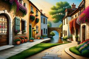 a painting of a street with flowers and houses. AI-Generated photo